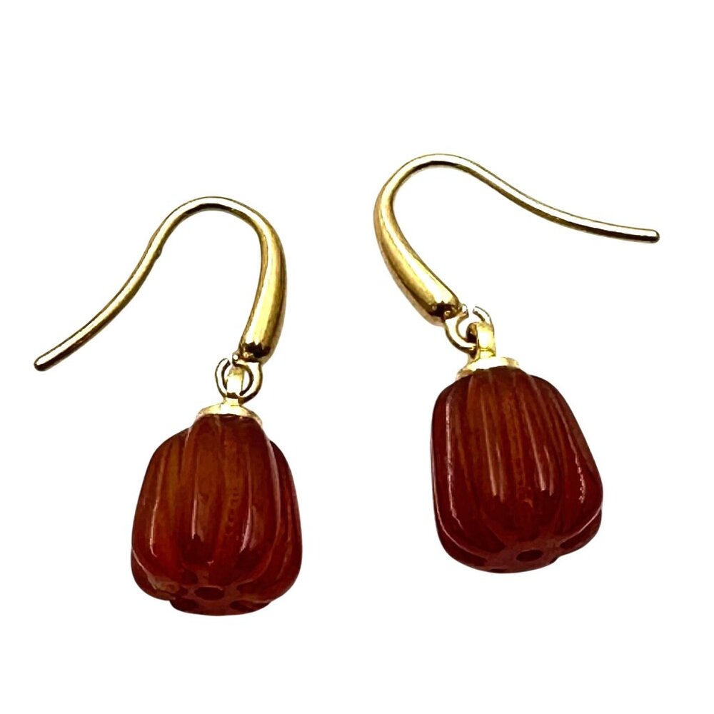 Red Orange Agate Gemstone Pumpkin Drop 18K Gold Plated Pierced Earrings Fall
